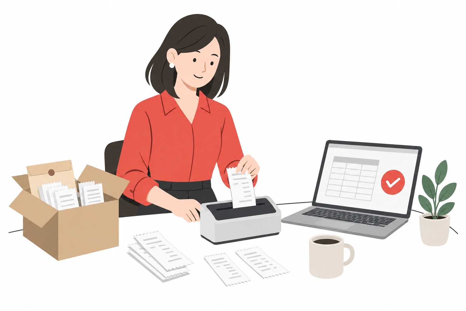 紙の領収書をスキャンして、データに整理するイラスト