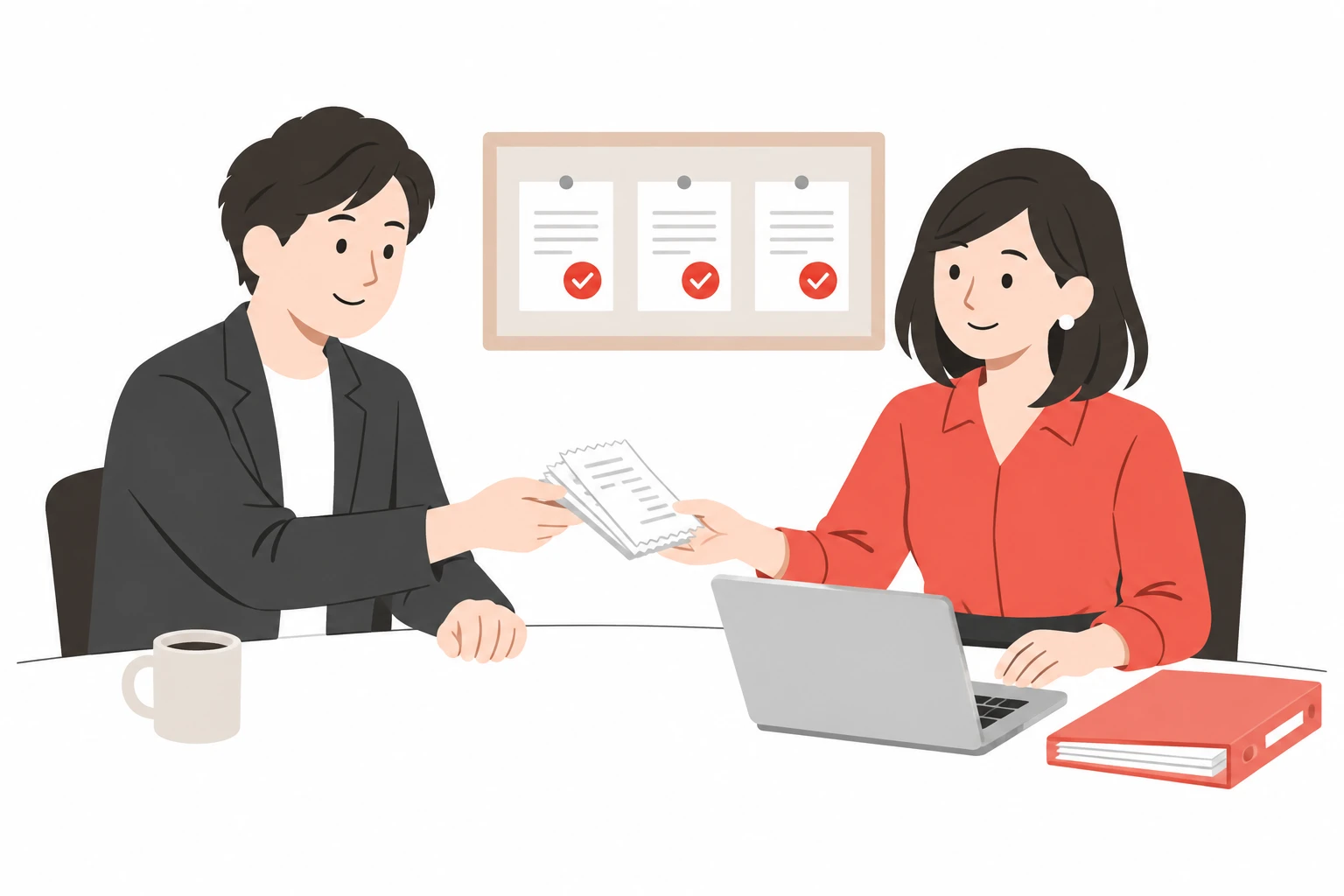 領収書を渡す経営者と、記帳を担当するスタッフのイラスト